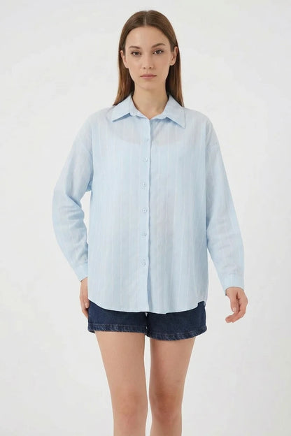 Kadın Basic Oversize Çizgili Pamuklu Gömlek