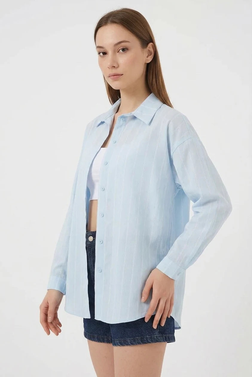 Kadın Basic Oversize Çizgili Pamuklu Gömlek