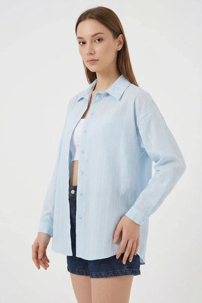 Kadın Basic Oversize Çizgili Pamuklu Gömlek