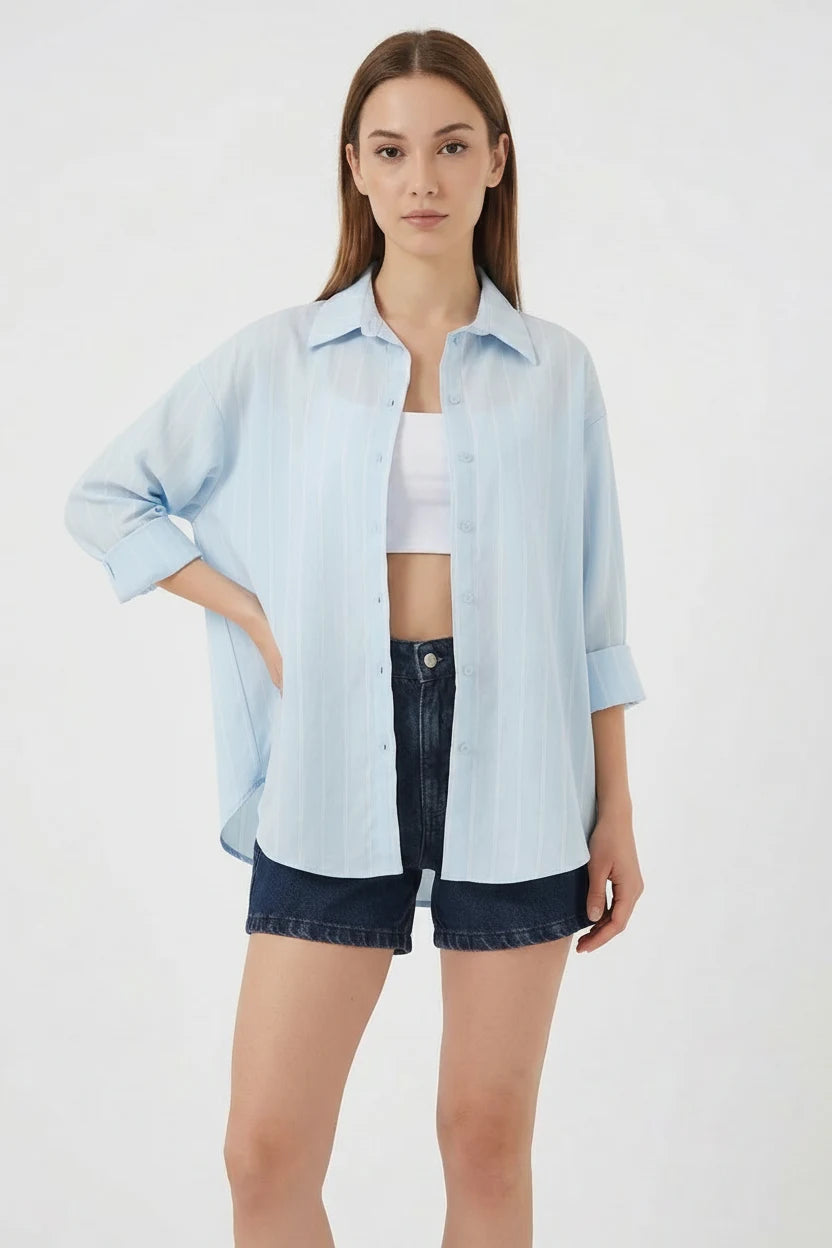 Kadın Basic Oversize Çizgili Pamuklu Gömlek