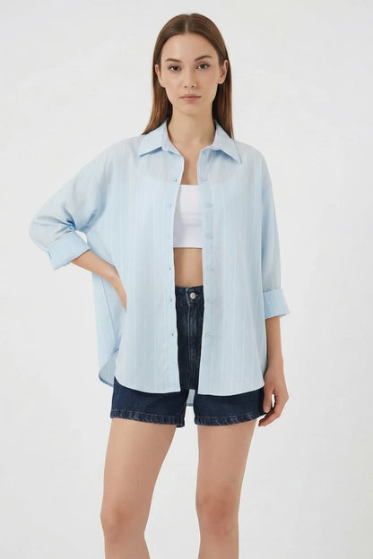 Kadın Basic Oversize Çizgili Pamuklu Gömlek
