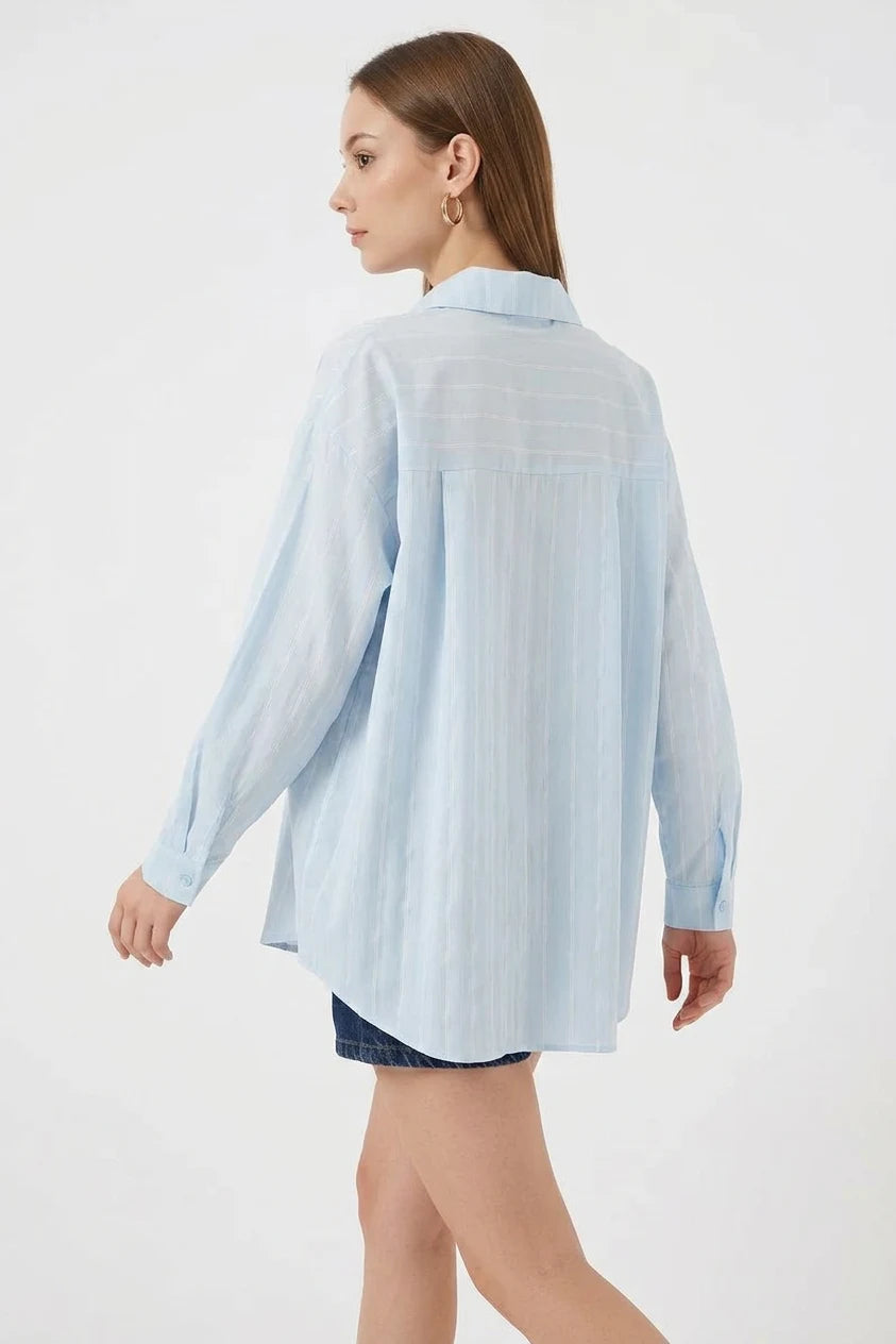Kadın Basic Oversize Çizgili Pamuklu Gömlek
