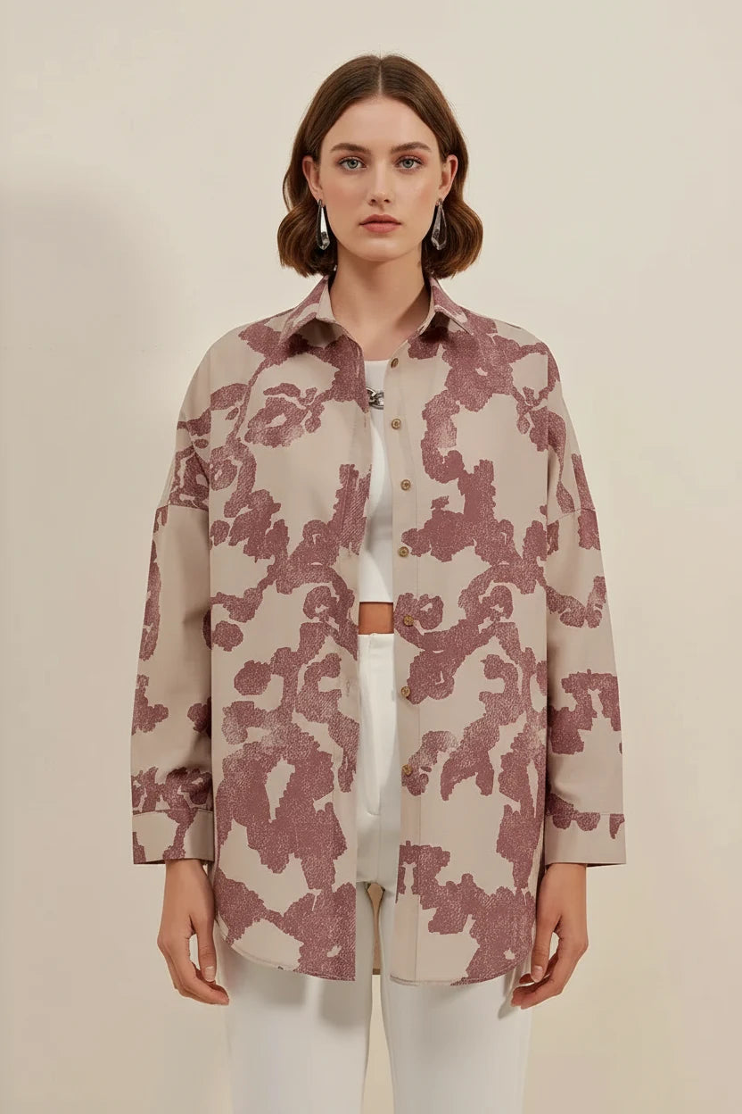 Kadın Basic Oversize Desenli Pamuklu Gömlek