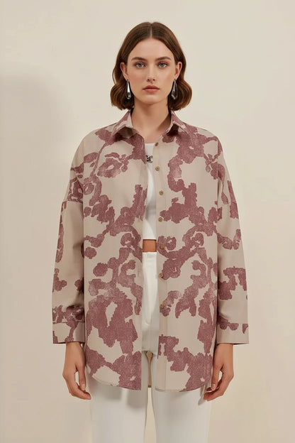 Kadın Basic Oversize Desenli Pamuklu Gömlek