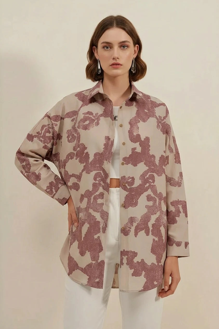 Kadın Basic Oversize Desenli Pamuklu Gömlek