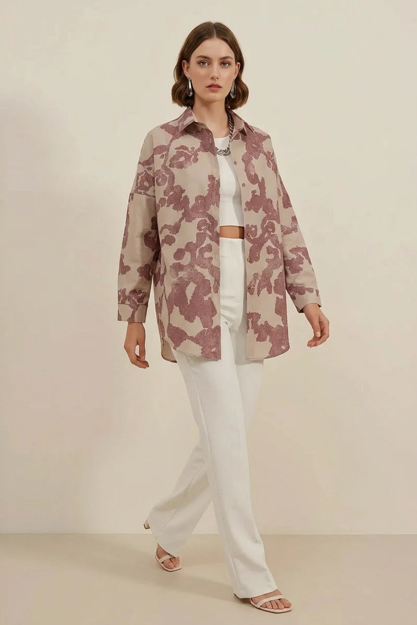 Kadın Basic Oversize Desenli Pamuklu Gömlek