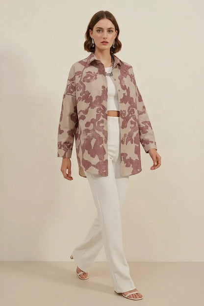 Kadın Basic Oversize Desenli Pamuklu Gömlek
