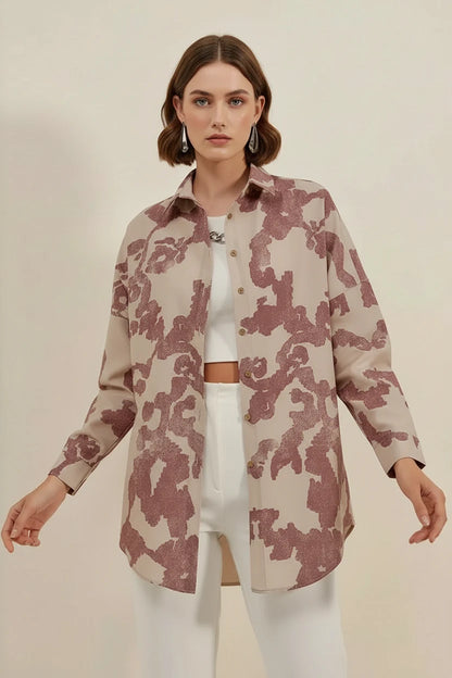 Kadın Basic Oversize Desenli Pamuklu Gömlek