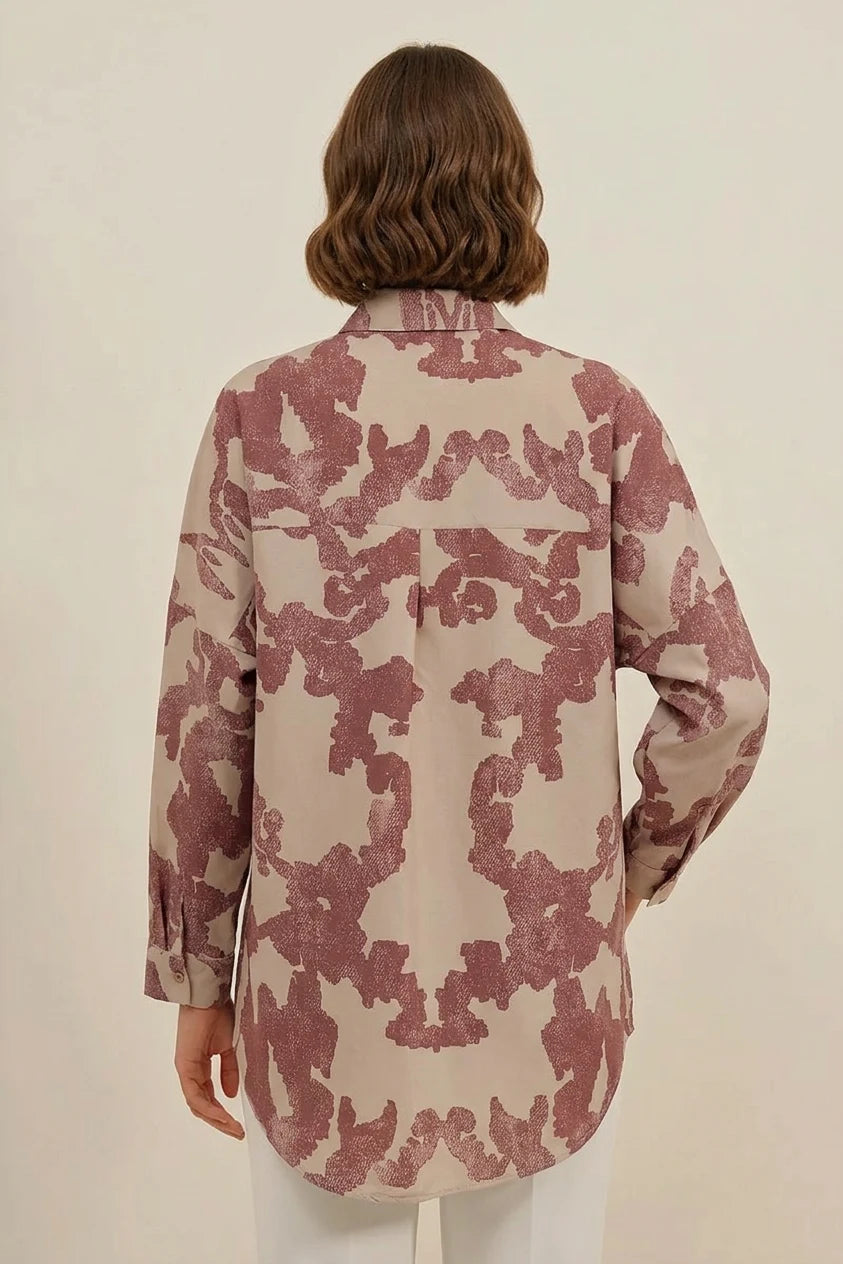 Kadın Basic Oversize Desenli Pamuklu Gömlek