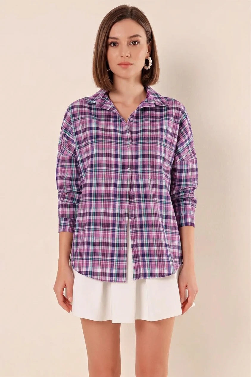 Kadın Basic Oversize Kareli Desenli Pamuklu Mor Beyaz Gömlek