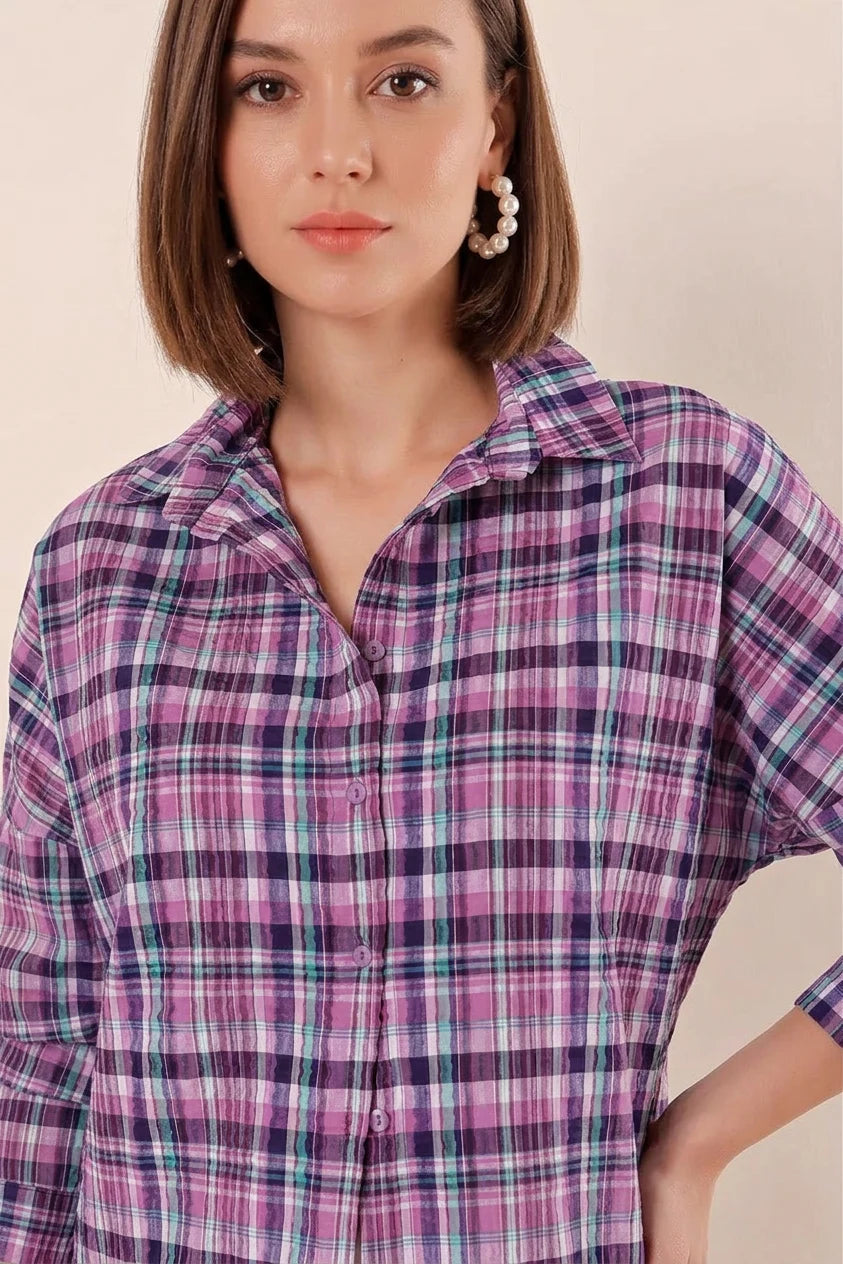 Kadın Basic Oversize Kareli Desenli Pamuklu Mor Beyaz Gömlek