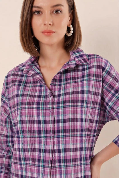 Kadın Basic Oversize Kareli Desenli Pamuklu Mor Beyaz Gömlek