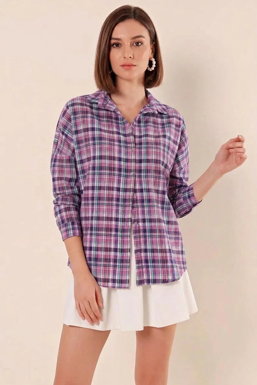 Kadın Basic Oversize Kareli Desenli Pamuklu Mor Beyaz Gömlek