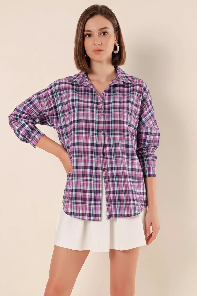 Kadın Basic Oversize Kareli Desenli Pamuklu Mor Beyaz Gömlek