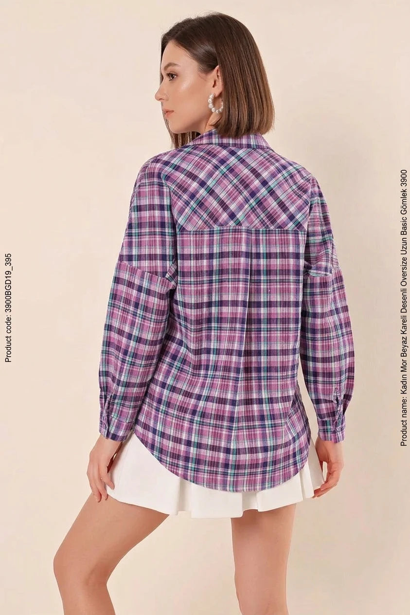 Kadın Basic Oversize Kareli Desenli Pamuklu Mor Beyaz Gömlek