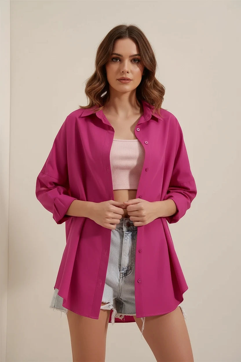 Kadın Uzun Basic Oversize Pamuklu Koyu Pembe Gömlek