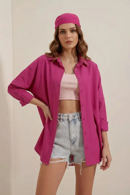 Kadın Uzun Basic Oversize Pamuklu Koyu Pembe Gömlek