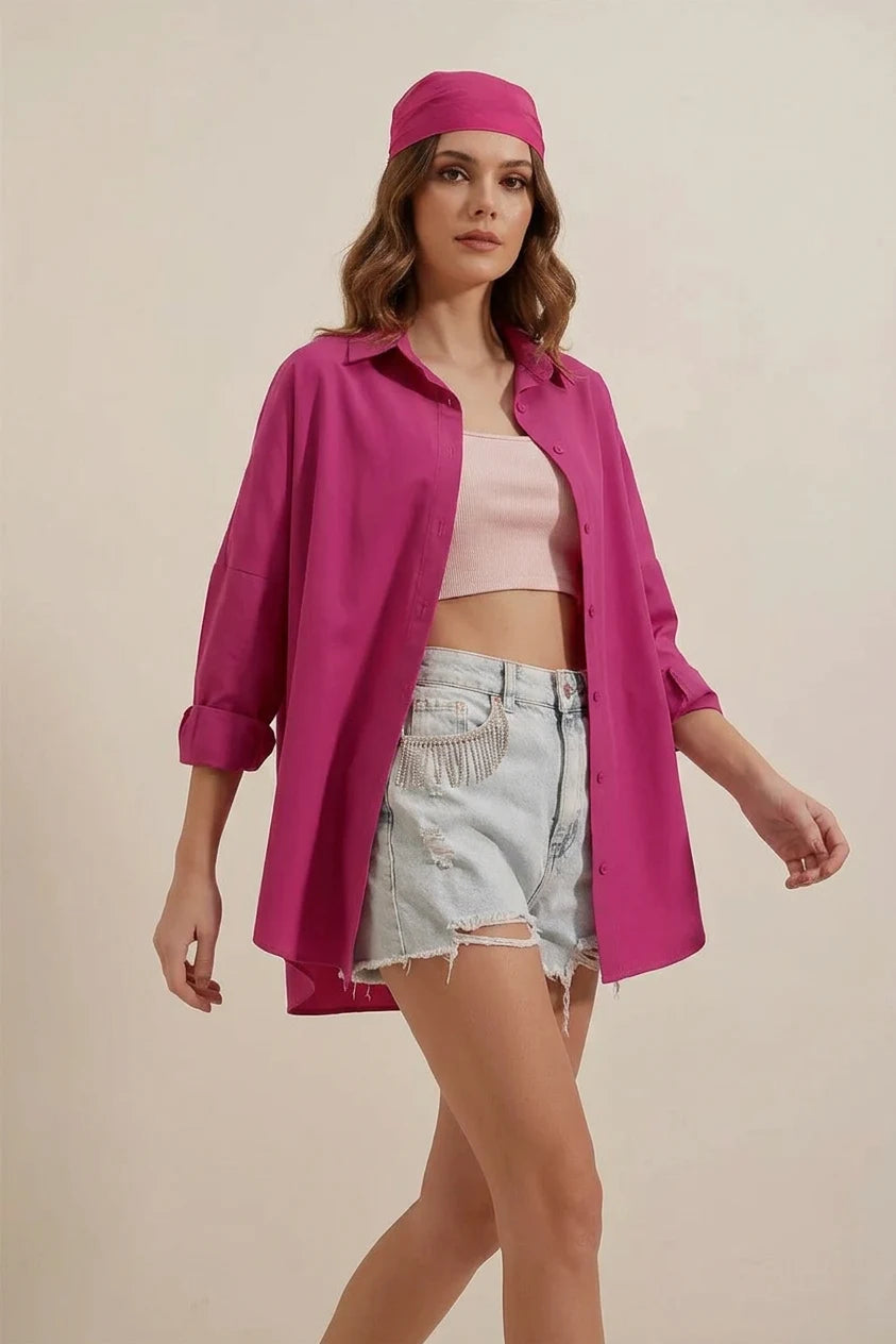 Kadın Uzun Basic Oversize Pamuklu Koyu Pembe Gömlek