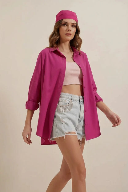 Kadın Uzun Basic Oversize Pamuklu Koyu Pembe Gömlek