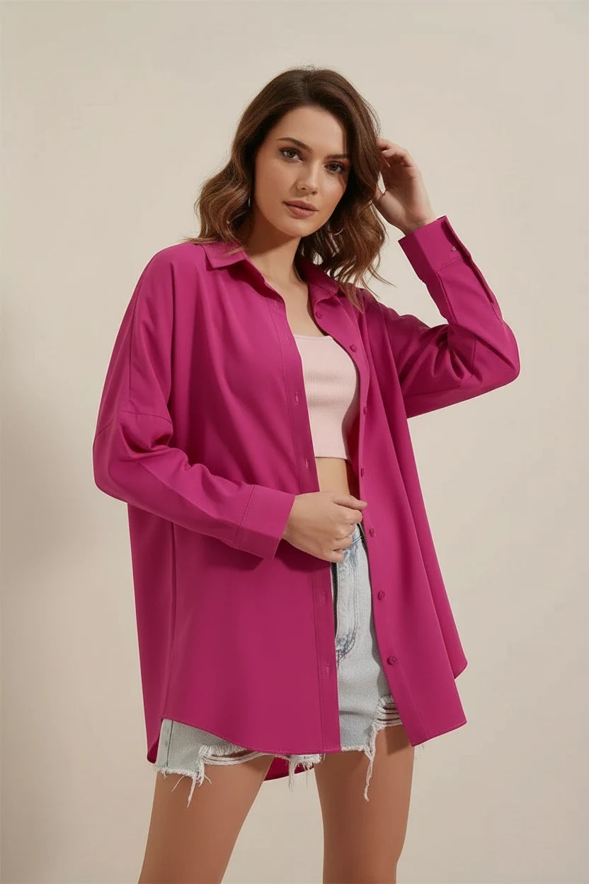 Kadın Uzun Basic Oversize Pamuklu Koyu Pembe Gömlek
