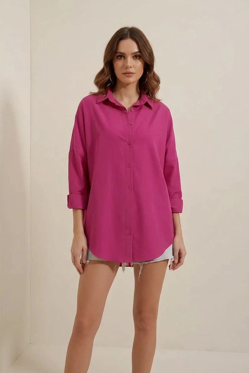 Kadın Uzun Basic Oversize Pamuklu Koyu Pembe Gömlek