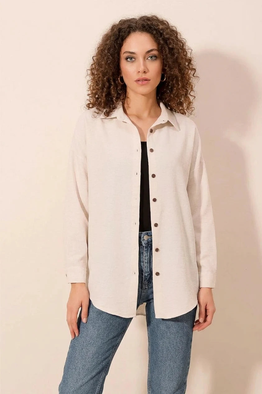 Kadın Oversize Basic Viskon Krem Gömlek