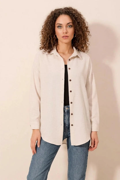 Kadın Oversize Basic Viskon Krem Gömlek