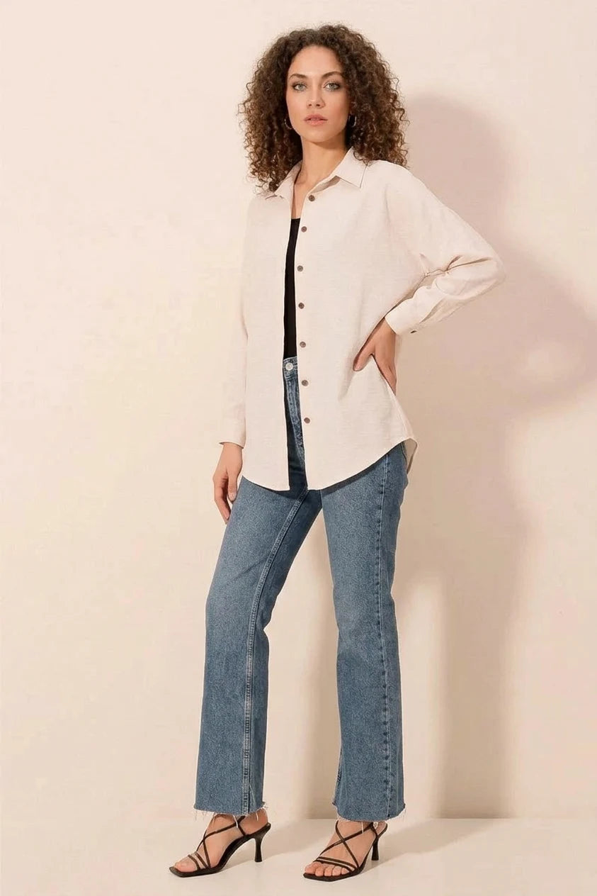 Kadın Oversize Basic Viskon Krem Gömlek