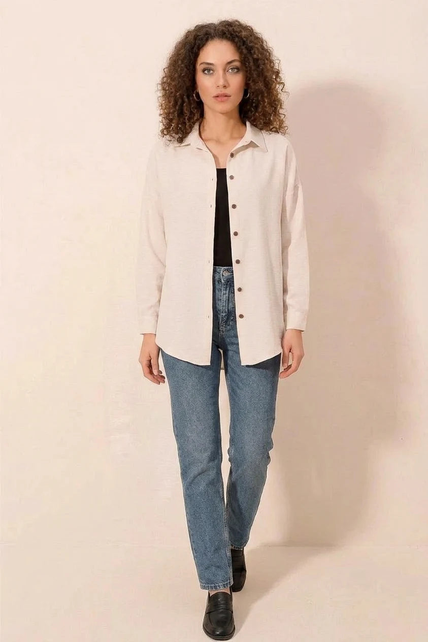 Kadın Oversize Basic Viskon Krem Gömlek