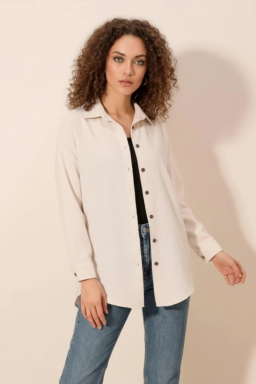 Kadın Oversize Basic Viskon Krem Gömlek