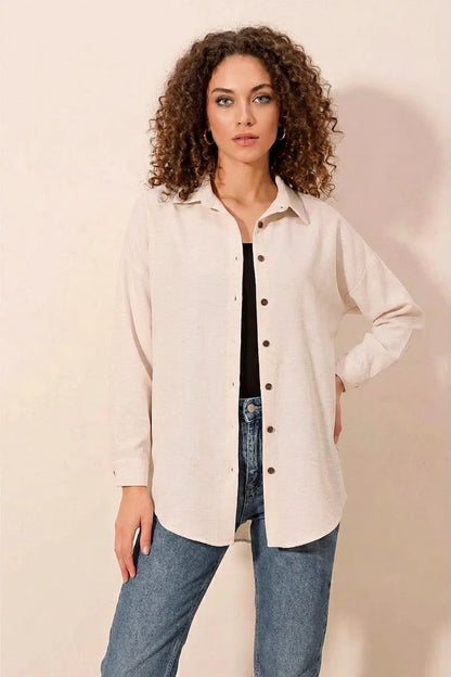 Kadın Oversize Basic Viskon Krem Gömlek