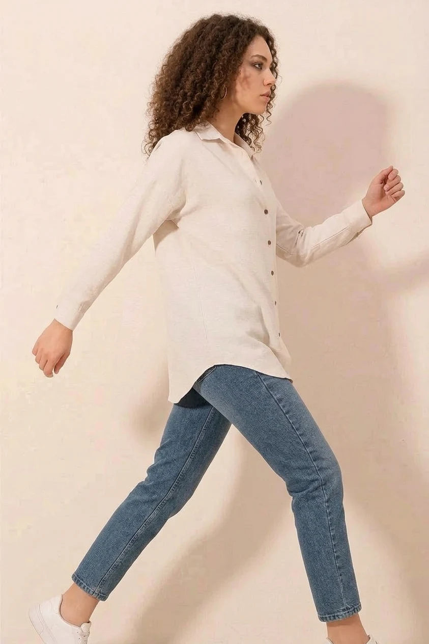 Kadın Oversize Basic Viskon Krem Gömlek