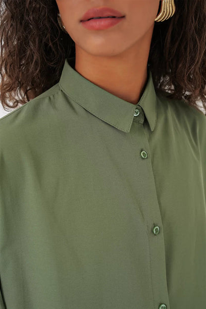 Kadın Oversize Kesim Basic Pamuklu Açık Haki Gömlek