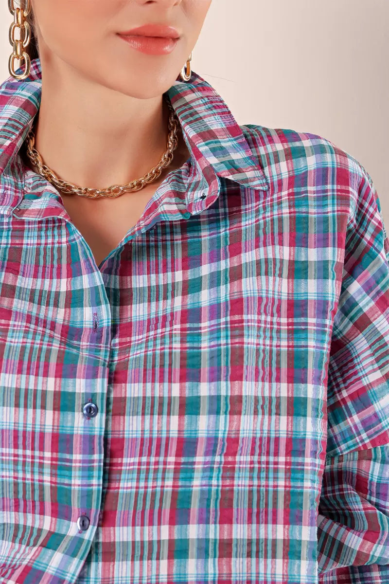 Kadın Kareli Desen Basic Oversize Pamuklu Gömlek