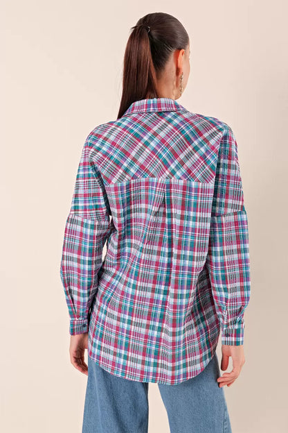 Kadın Kareli Desen Basic Oversize Pamuklu Gömlek
