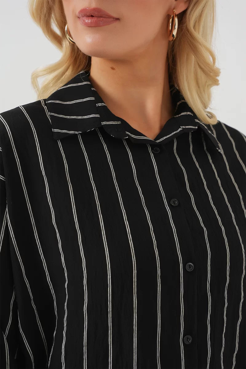 Kadın Basic Oversize Çizgili Pamuklu Gömlek