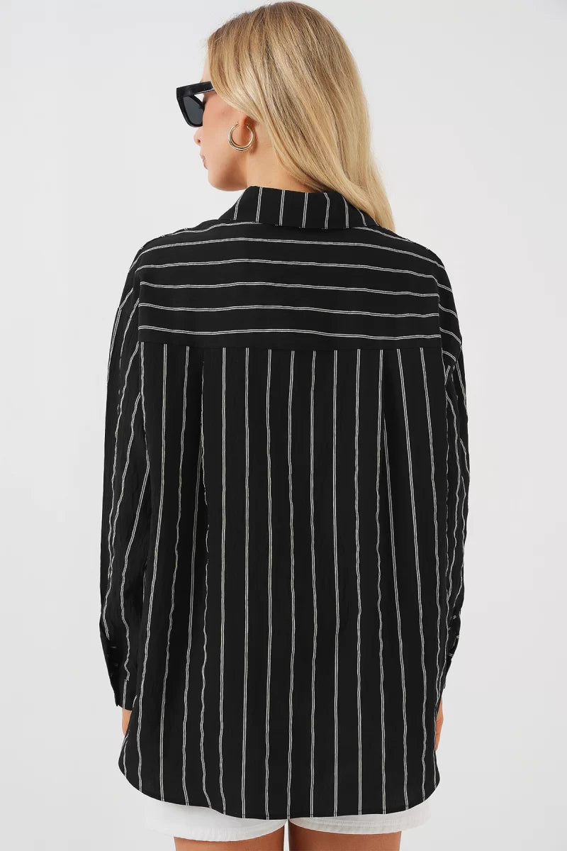 Kadın Basic Oversize Çizgili Pamuklu Gömlek