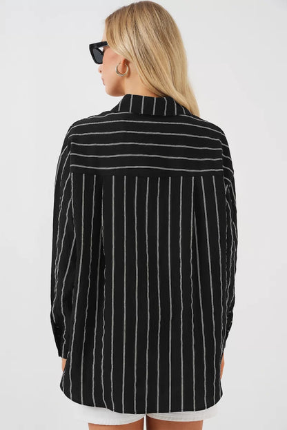 Kadın Basic Oversize Çizgili Pamuklu Gömlek