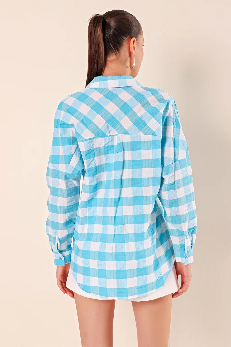 Kadın Kareli Desen Basic Oversize Pamuklu Gömlek