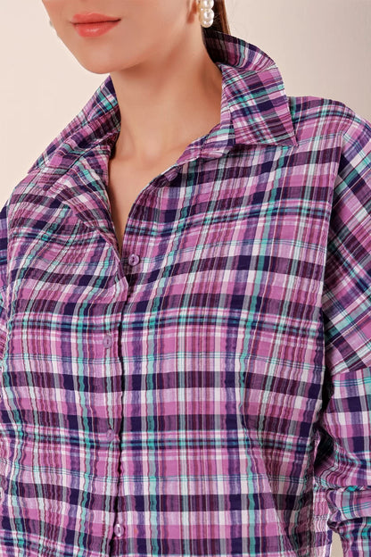 Kadın Basic Oversize Kareli Desenli Pamuklu Mor Beyaz Gömlek