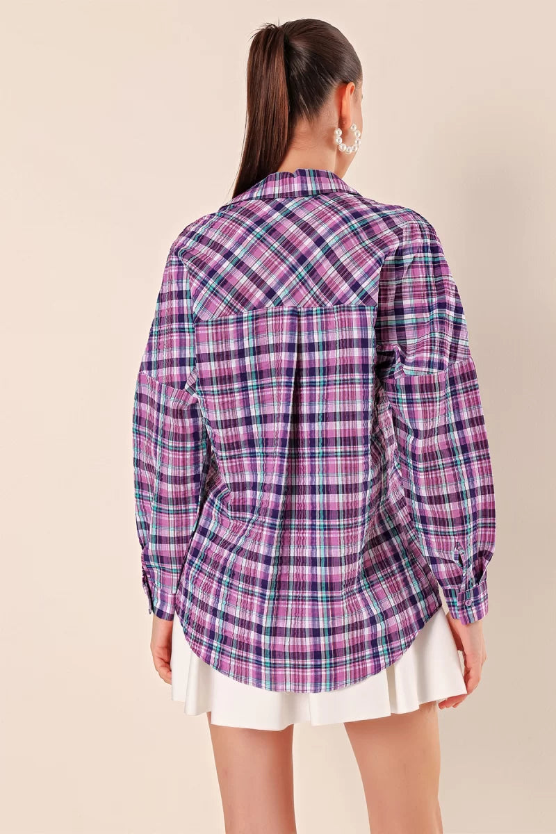 Kadın Basic Oversize Kareli Desenli Pamuklu Mor Beyaz Gömlek