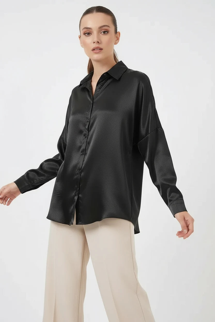 Kadın Oversize Saten Gömlek