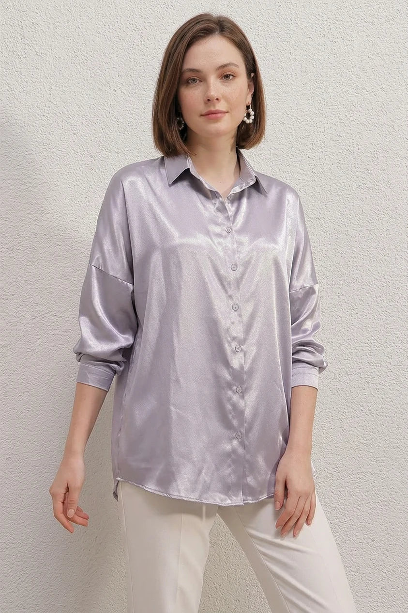 Kadın Oversize Kesim Saten Gömlek