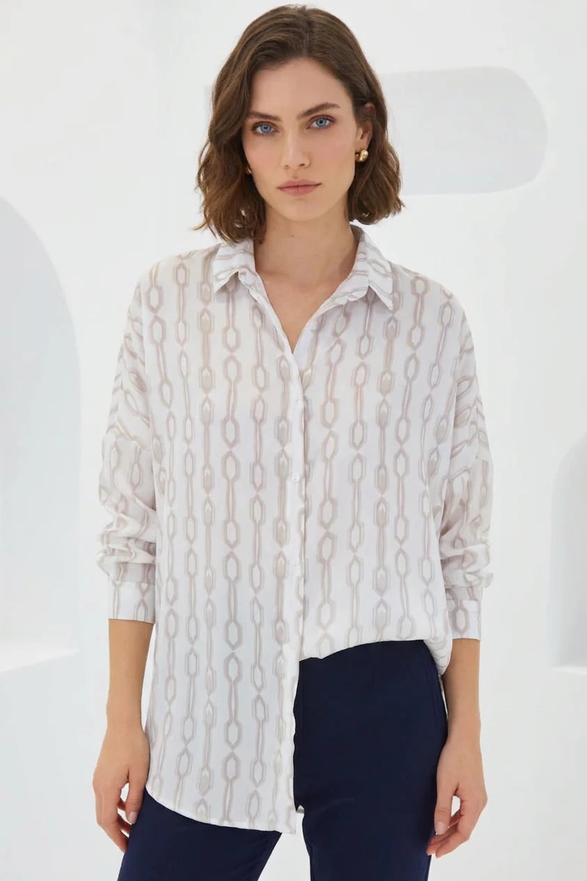 Kadın Oversize Desenli Saten Bej Beyaz Gömlek