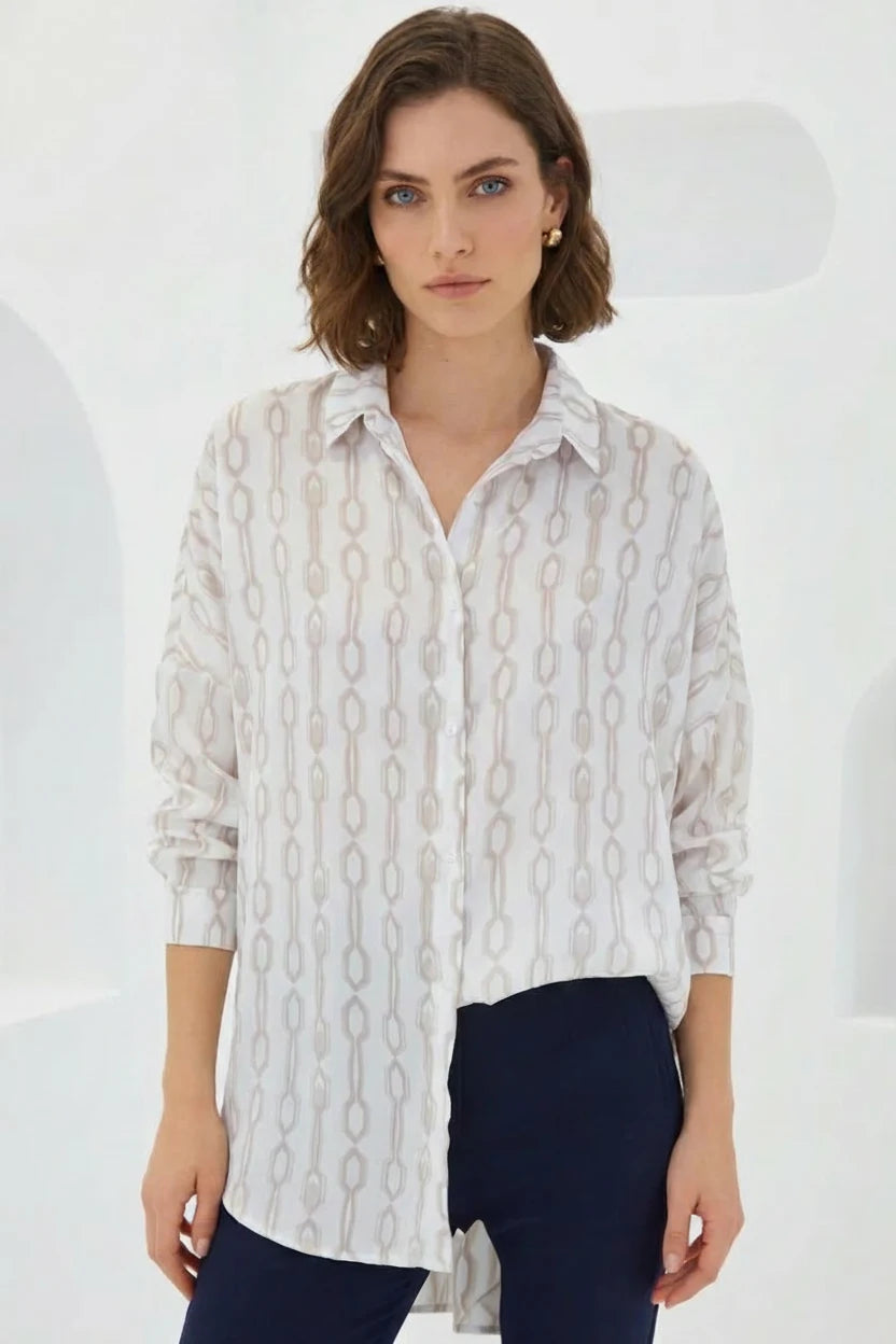Kadın Oversize Desenli Saten Bej Beyaz Gömlek