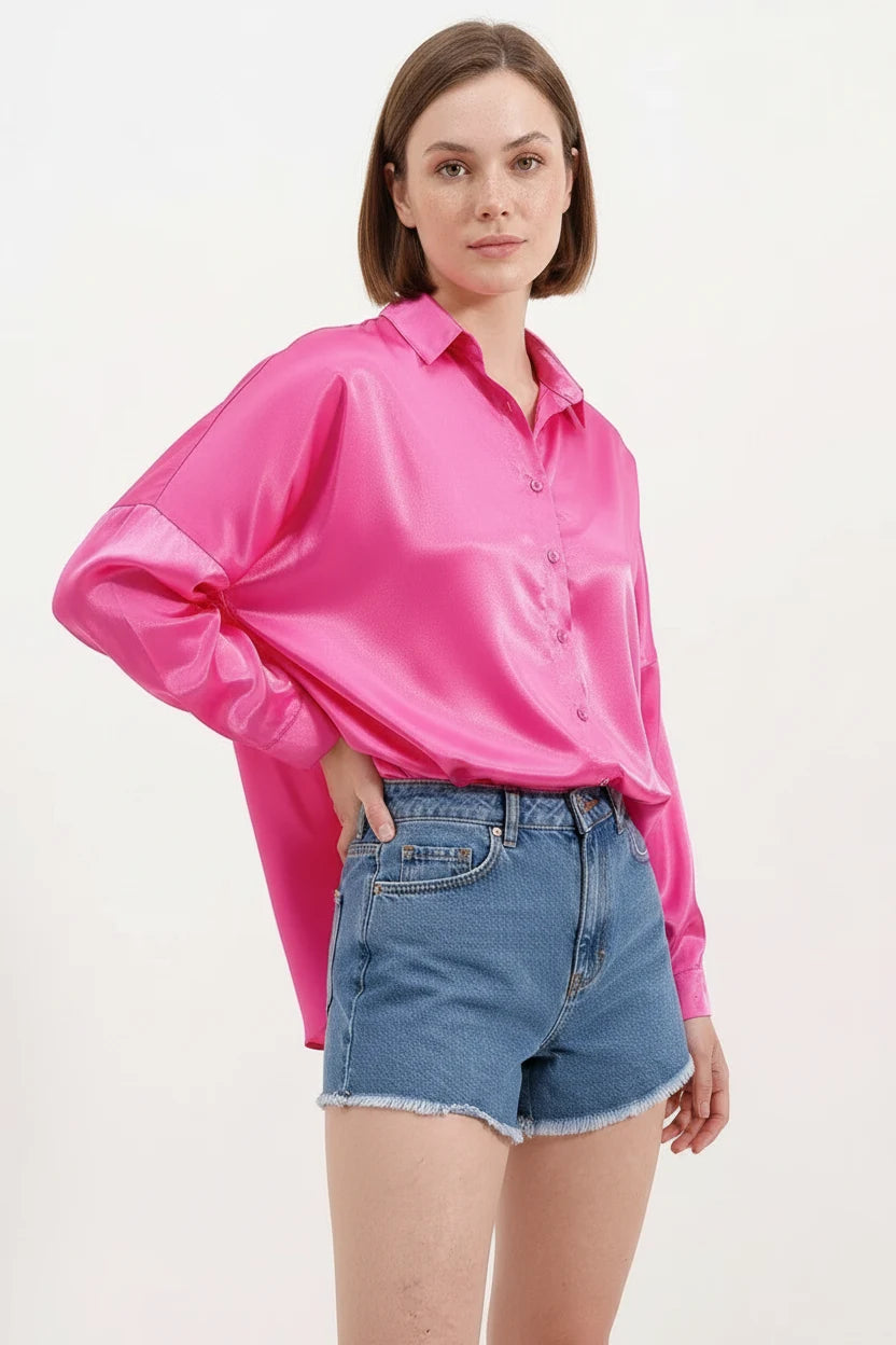 Kadın Oversize Kesim Saten Gömlek