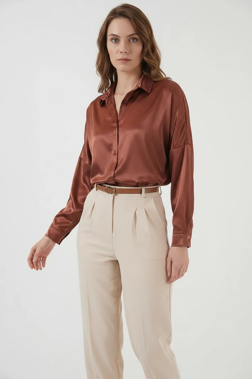 Kadın Oversize Saten Gömlek