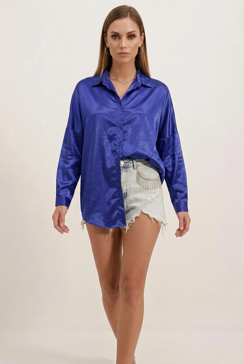 Kadın Oversize Saten Gömlek