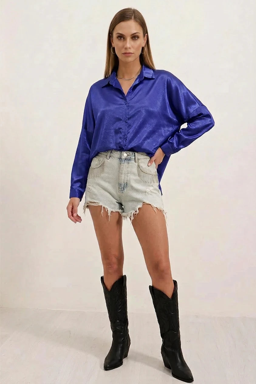 Kadın Oversize Saten Gömlek