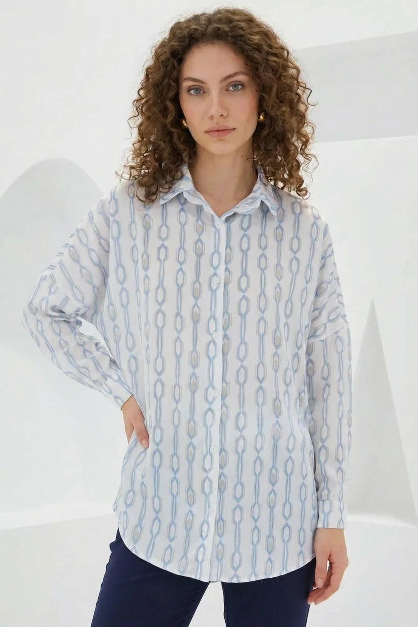 Kadın Oversize Desenli Saten Gömlek